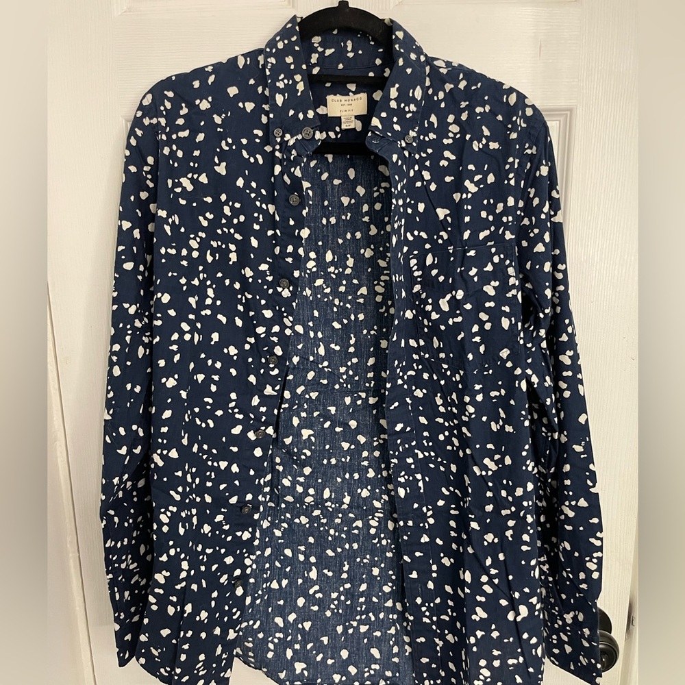 Men’s Club Monaco Dark Blue and White Slim Fit Shirt